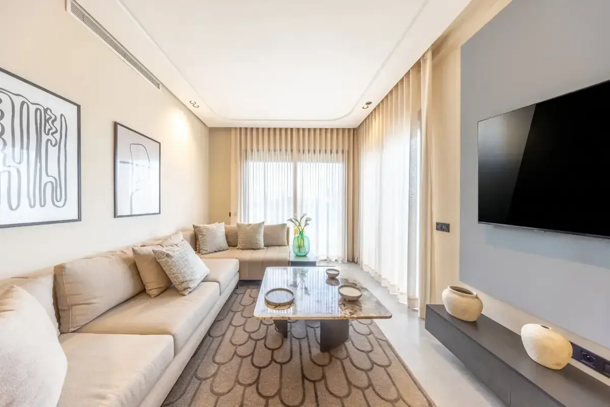 Bright contemporary living room photographed for a real estate project